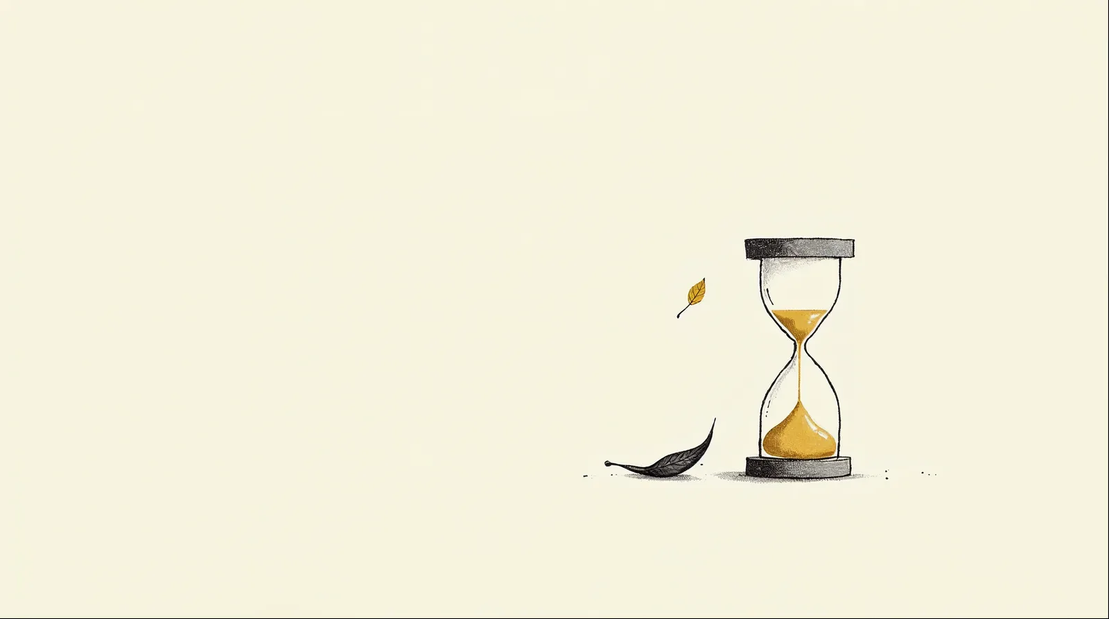 Una hoja cayendo junto a un reloj de arena